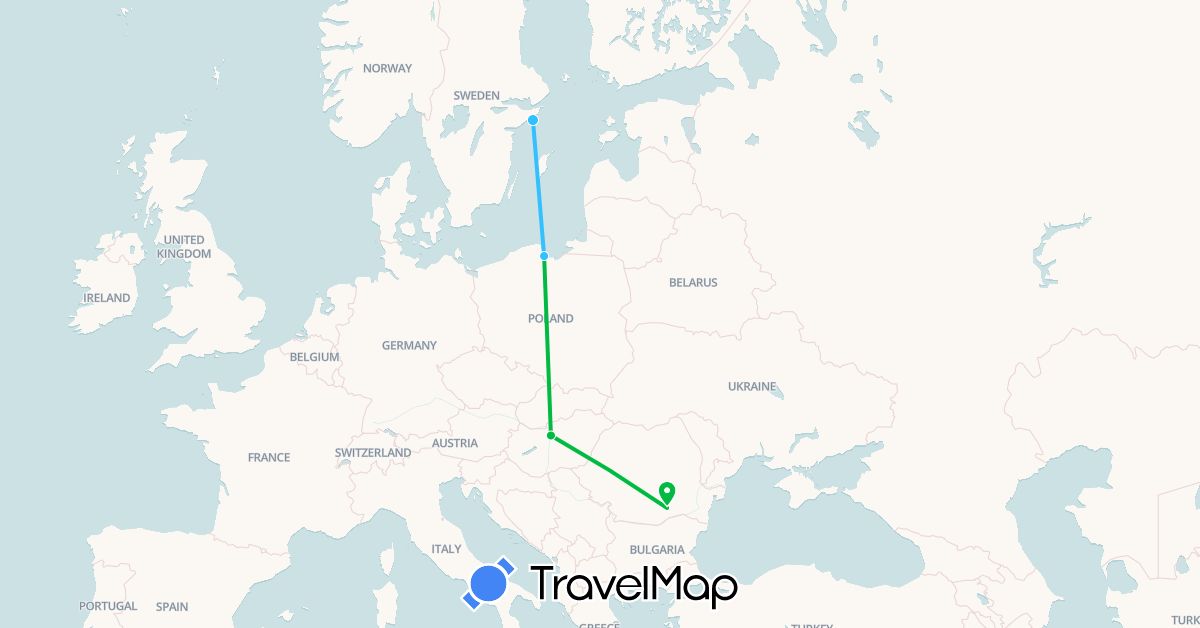 TravelMap itinerary: driving, bus, boat in Hungary, Poland, Romania, Sweden (Europe)